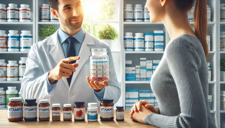 A wellness consultation scene with a customer holding a supplement jar while a professional guides them, symbolizing expert advice in choosing high-quality supplements.