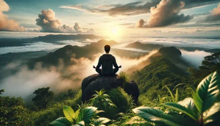 A person meditating peacefully on a misty mountaintop at sunrise, surrounded by lush greenery and tranquil natural scenery symbolizing mindfulness and natural anxiety relief.