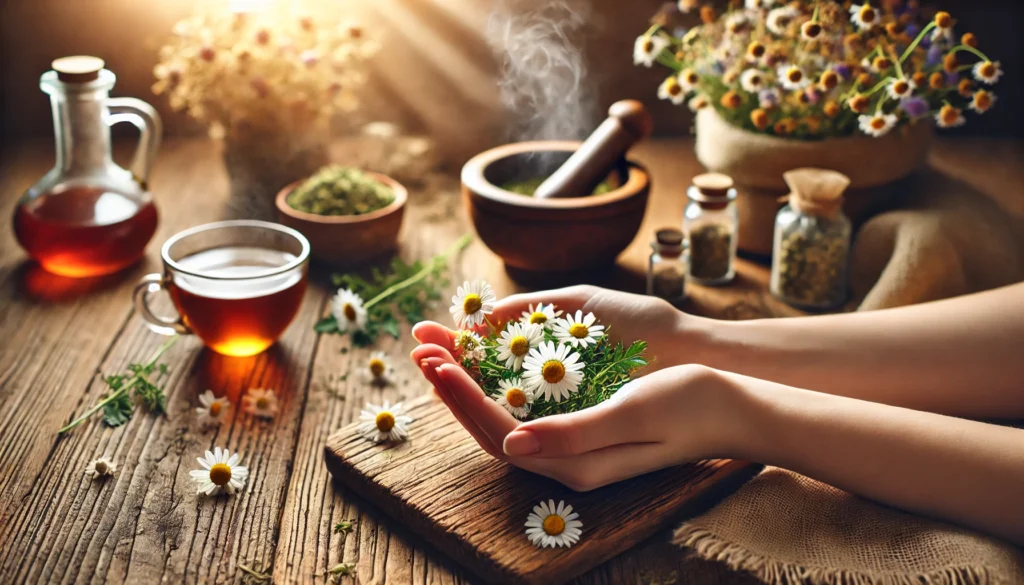 A close-up of a hand holding chamomile flowers over a rustic wooden table with herbal tea, dried herbs, and a mortar and pestle, conveying the soothing essence of herbal remedies.