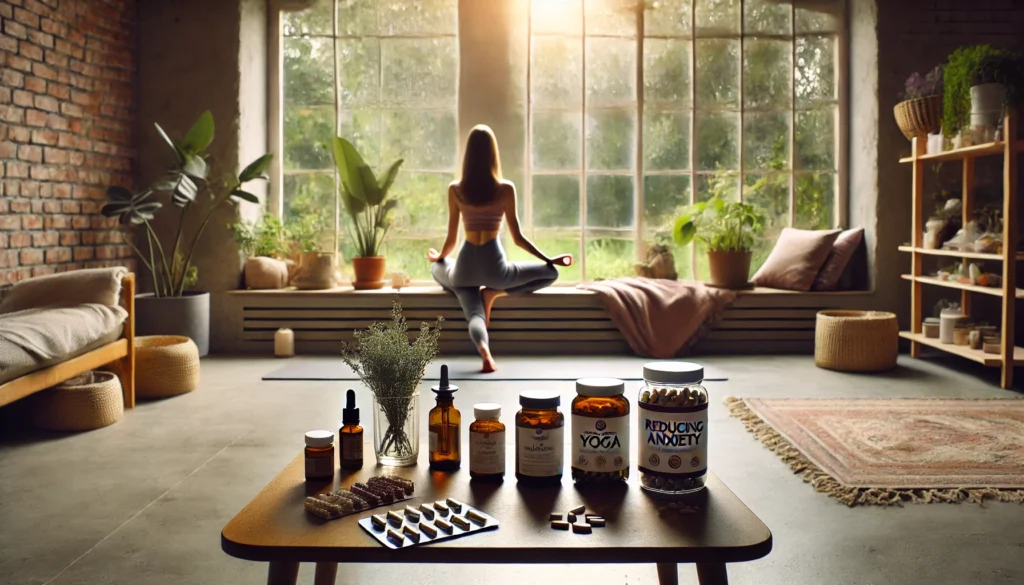 A serene indoor yoga practice by a sunlit window with a nearby table displaying holistic supplements like herbal tinctures and essential oils for mental wellness support.