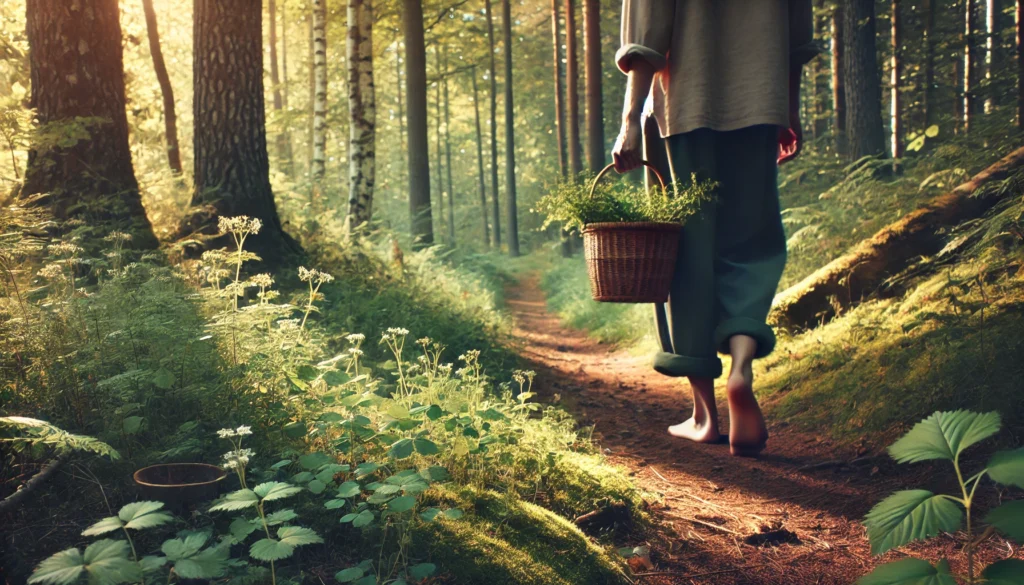 A barefoot person walking slowly along a forest path lined with wild herbs, carrying a basket of natural plants, embodying mindfulness and nature-based anxiety relief.