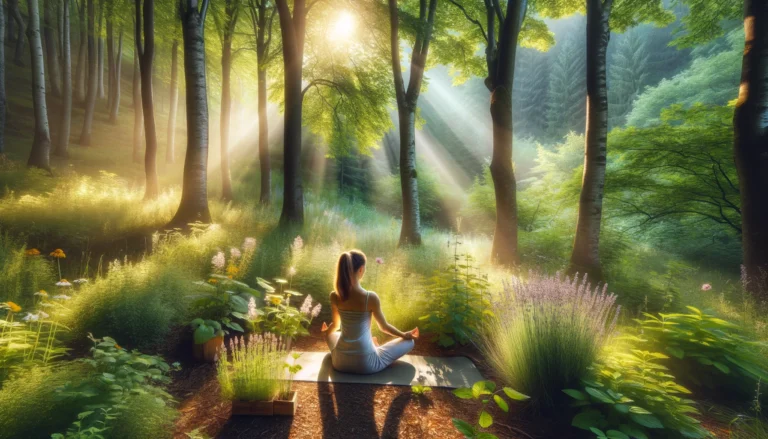 A woman practicing yoga in a peaceful forest clearing surrounded by natural herbs like lavender and chamomile, with gentle sunlight streaming through trees—symbolizing natural anxiety relief through meditation and herbal surroundings.