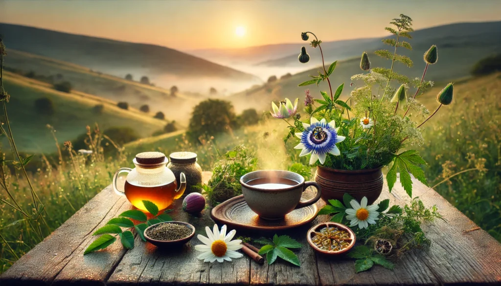 A steaming cup of herbal tea on a rustic wooden table at sunrise, surrounded by fresh valerian root, passionflower, and chamomile, set against tranquil rolling hills—illustrating calming herbal remedies for stress and panic.