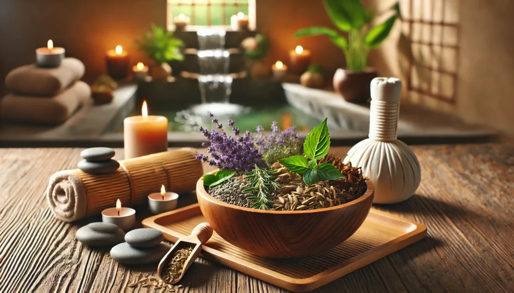 How to Calm Anxiety and Prevent Panic Attacks Naturally: Herbal Remedies and Holistic Techniques That May Help 3 A spa-like setting with a wooden bowl of dried herbs including lavender and holy basil, candles, massage stones, and a bamboo mat beside a small water fountain—evoking natural relaxation and holistic anxiety therapy.