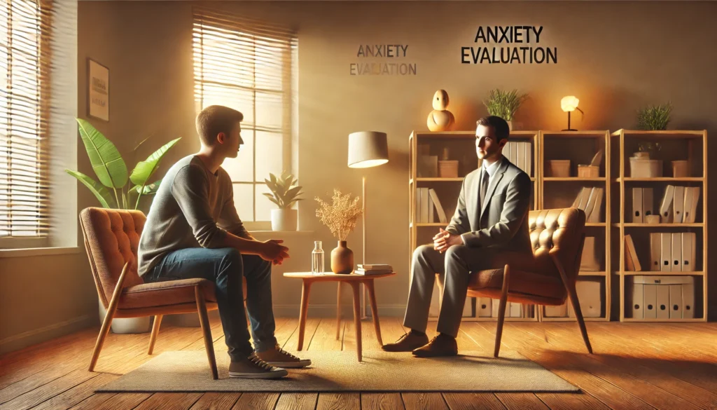 A person sits across from a mental health professional in a warm, calming office, representing a psychological evaluation for anxiety.