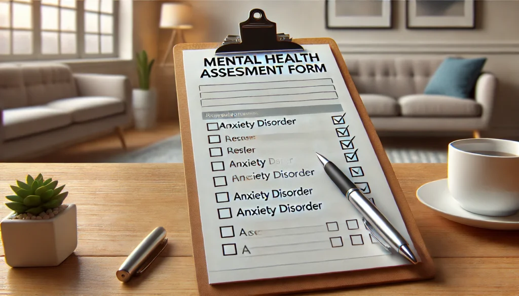 A close-up of a clipboard with a mental health questionnaire and a pen, symbolizing diagnostic tools for anxiety disorders.