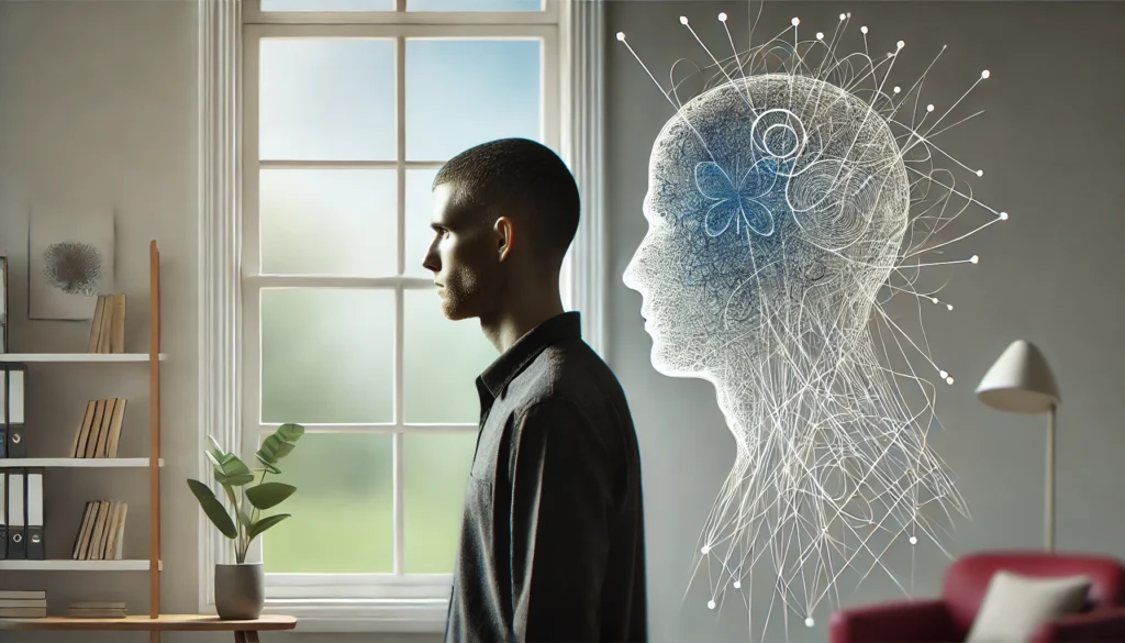 A person looks thoughtfully out a window with abstract tangled lines around their head, visualizing internal anxiety and mental confusion.