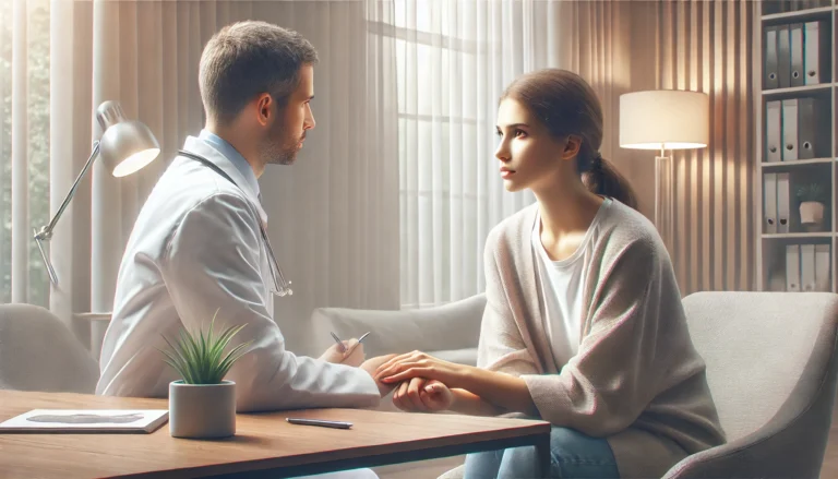 A therapist speaks gently with an anxious patient in a serene consultation room, depicting the process of getting help for anxiety.