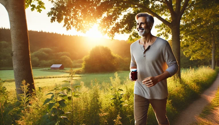 A natural arrangement of maca root, ginseng, ashwagandha, and zinc capsules on a wooden surface, representing herbal support for energy and hormonal balance.