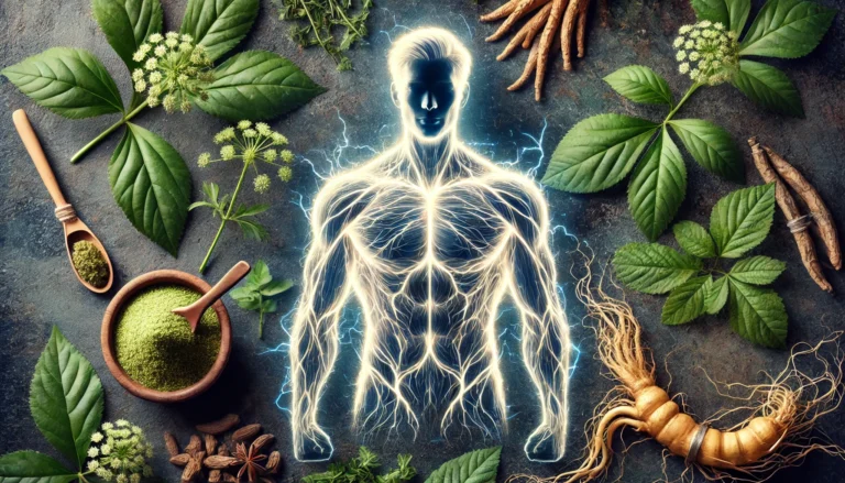 A symbolic glowing male figure surrounded by ginseng roots, ashwagandha, and herbs, visually representing natural sources of energy, strength, and balance.