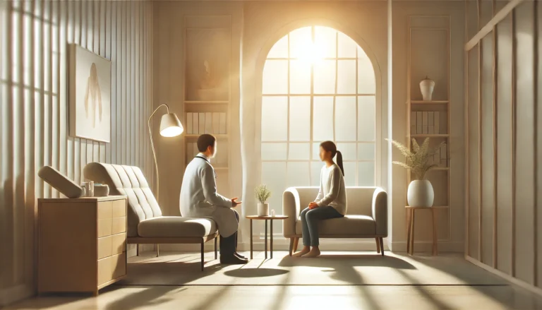 A serene doctor's office with warm lighting where a patient is speaking with a compassionate healthcare provider, symbolizing the process of seeking medical help for anxiety.