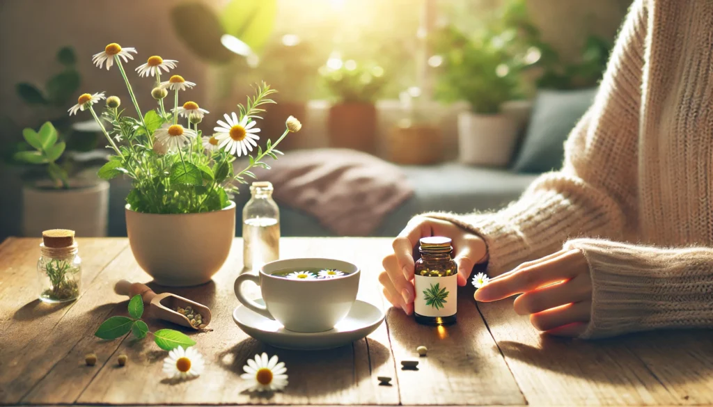 How Can I Get Anxiety Medication and Are There Holistic Supplements That Can Help Too? 1 A cozy home scene with natural light, showing a person holding herbal supplement bottles beside a chamomile tea, representing holistic remedies for anxiety relief.