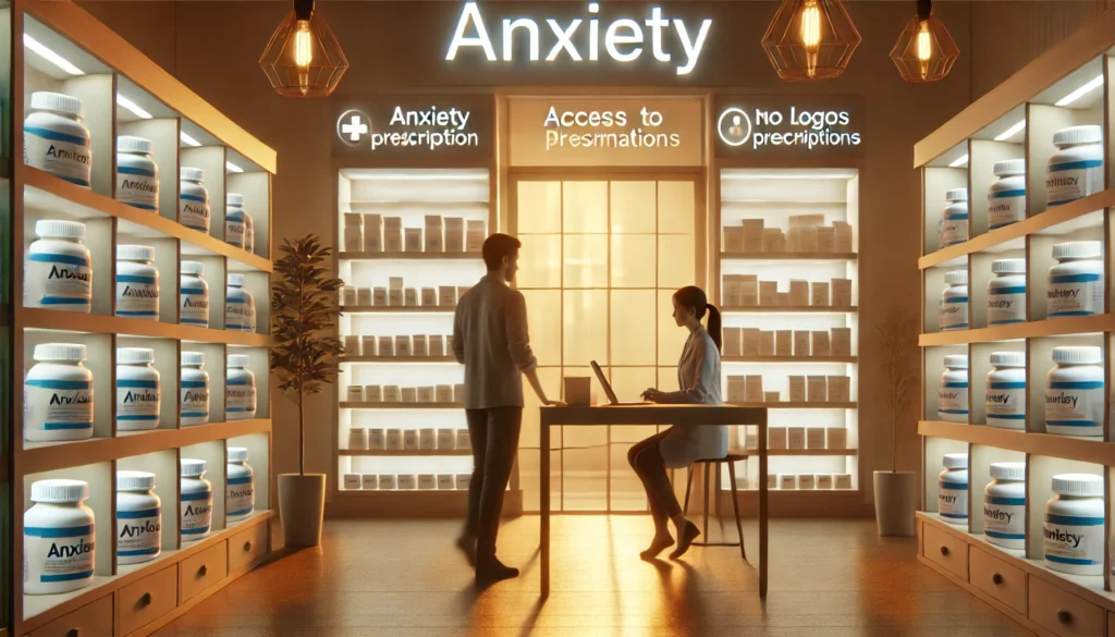 How Can I Get Anxiety Medication and Are There Holistic Supplements That Can Help Too? 3 Inside a pharmacy, a customer consults with a pharmacist near shelves stocked with medication, depicting access to anxiety prescriptions in a supportive environment.