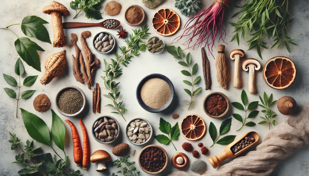 Adaptogenic herbs like ashwagandha, Rhodiola rosea, and reishi mushrooms arranged in harmony with soft light and greenery, symbolizing balanced natural vitality.