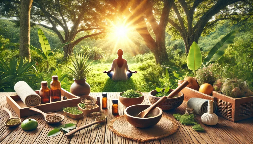 A person meditating outdoors surrounded by herbal wellness tools and natural light, representing holistic synergy for emotional and physical well-being.