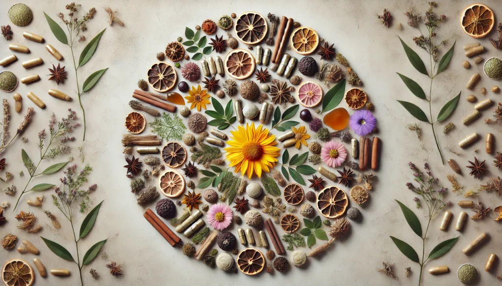An artistic circular mandala composed of dried herbs, roots, flowers, and capsules, symbolizing unity and synergy in natural healing.