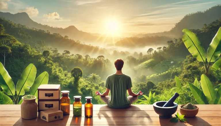 A peaceful sunrise view of a person meditating on a mountain surrounded by lush greenery, with herbal remedies like glass bottles and a mortar and pestle placed nearby, symbolizing natural stress relief.