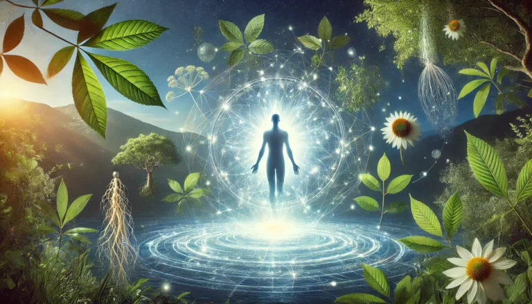 A glowing human silhouette surrounded by herbal elements and energy in a tranquil environment, representing vitality through the synergistic power of nature.