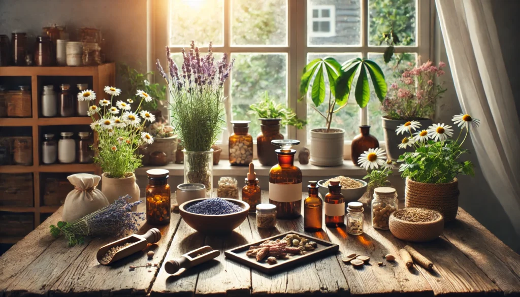 Natural Strategies for Lasting Relief: How to Treat Chronic Stress and Anxiety with Holistic Supplements and Herbal Remedies 1 A serene herbal apothecary room with sunlight shining on a rustic wooden table displaying dried herbs, tincture bottles, and healing plants, reflecting a natural approach to anxiety relief.