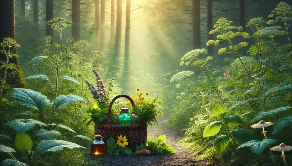 Natural Strategies for Lasting Relief: How to Treat Chronic Stress and Anxiety with Holistic Supplements and Herbal Remedies 2 A calming forest path in soft morning light with wildflowers and a basket of freshly picked herbs like ashwagandha and lemon balm, representing nature-based anxiety remedies.