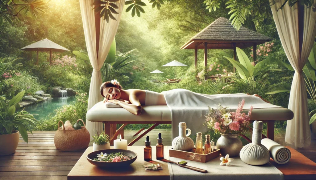 Natural Strategies for Lasting Relief: How to Treat Chronic Stress and Anxiety with Holistic Supplements and Herbal Remedies 3 A tranquil wellness setting with a relaxed woman receiving a massage under a canopy in nature, with nearby herbal teas, essential oils, and natural supplements for holistic healing.
