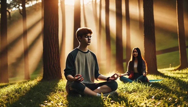A young person meditating on a grassy field surrounded by trees with a supportive friend nearby, illustrating natural and holistic calming techniques for managing panic attacks outdoors.