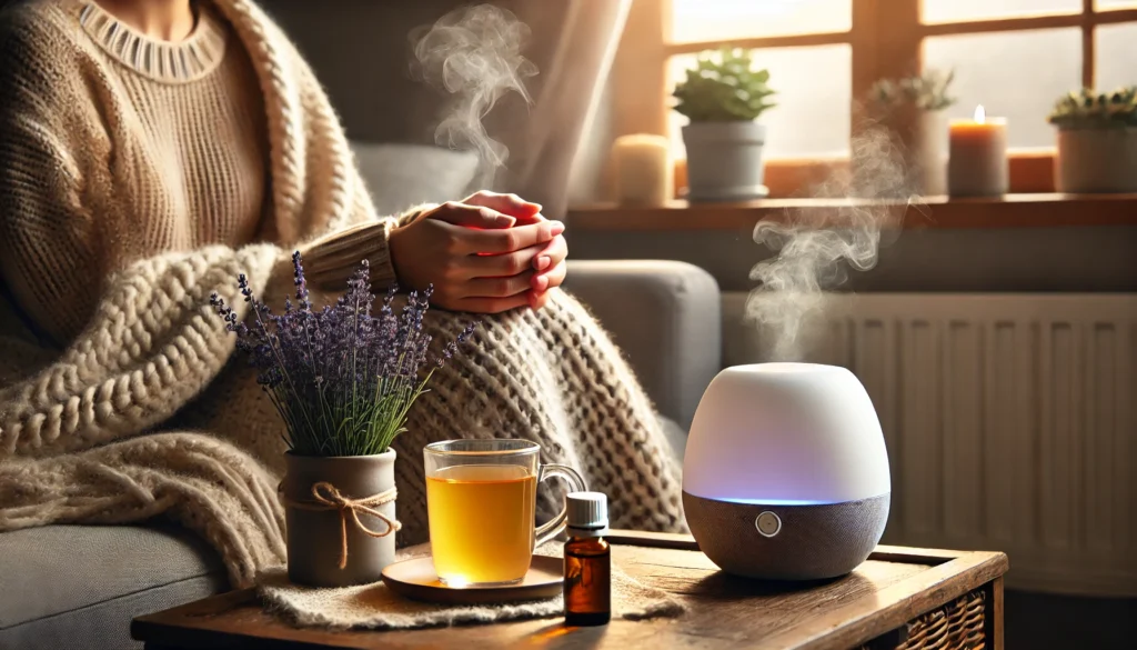 How to Help Someone Having a Panic Attack: Natural Calming Remedies and Holistic Strategies That Support Mental Wellness 1 A person sitting on a cozy couch wrapped in a blanket, holding herbal tea beside a diffuser and lavender plant, symbolizing holistic indoor remedies for calming anxiety.