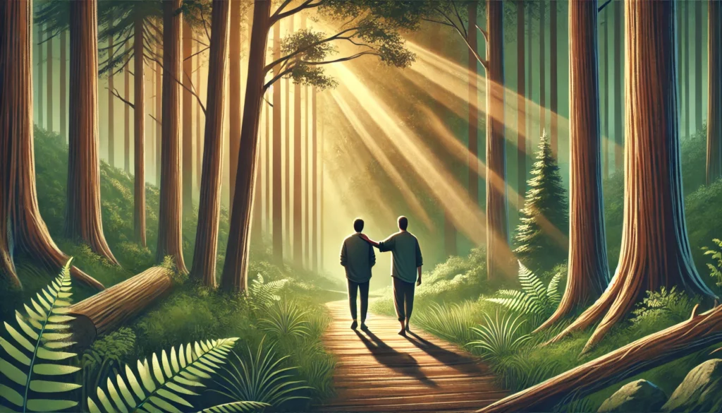 How to Help Someone Having a Panic Attack: Natural Calming Remedies and Holistic Strategies That Support Mental Wellness 2 A tranquil forest path with a person walking calmly and a companion offering support, depicting the grounding effect of nature and companionship in easing panic attacks.