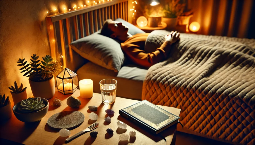 How to Help Someone Having a Panic Attack: Natural Calming Remedies and Holistic Strategies That Support Mental Wellness 3 A peaceful bedroom at night with a person using a weighted blanket, deep breathing, and calming items like crystals and a journal to manage anxiety naturally.