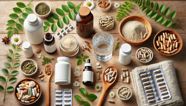 A well-lit wooden surface featuring natural vitamins in capsule, powder, and tincture form alongside green leaves and water, symbolizing clarity and purity in supplement selection.