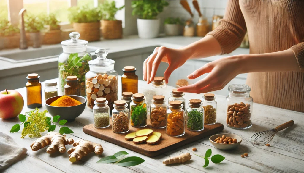 A bright kitchen counter scene where a person selects from neatly organized glass jars of vitamins next to turmeric, ginger, and herbs, representing informed and mindful choices.