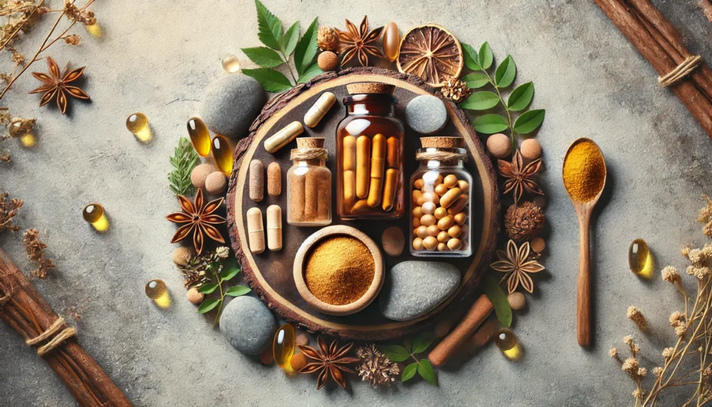 Capsules, powders, and tinctures arranged on natural materials like stone and wood, evoking balance, trust, and thoughtful evaluation of supplement options.