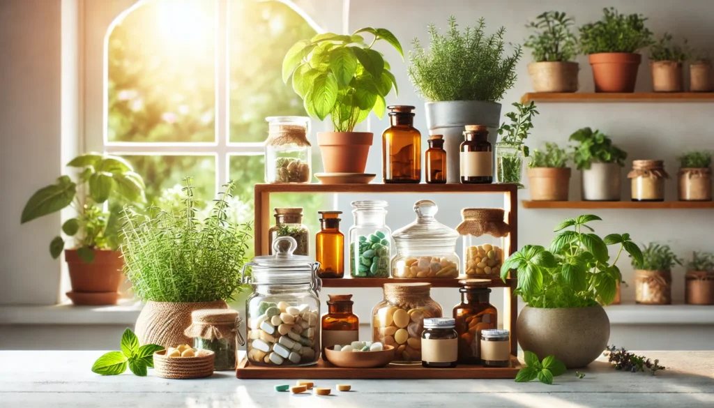A sunny apothecary-style shelf filled with carefully selected glass jars and eco-friendly containers of supplements, representing transparency and quality in natural health products.