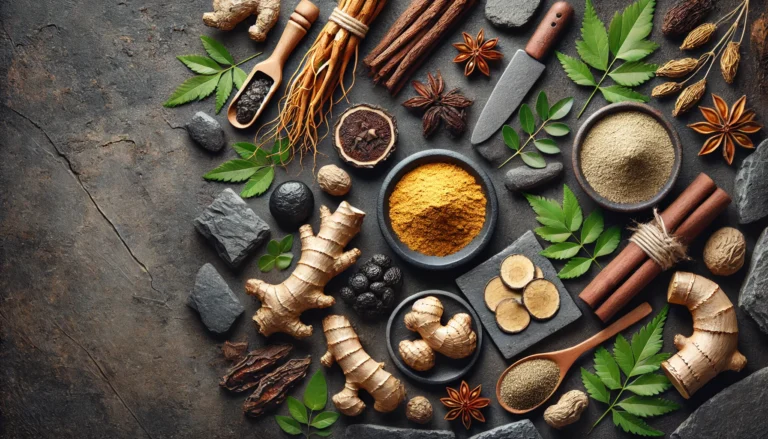 A dynamic arrangement of strength-boosting herbs including ginseng, ashwagandha, maca, and tribulus terrestris on stone and wood textures, symbolizing natural vitality.