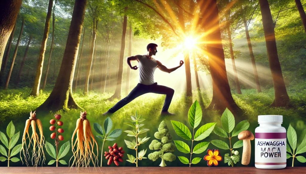 Herbal Power for Strength: The Best Herbs for Muscle Growth and Natural Ways to Build Mass 1 A fit man practicing tai chi in a forest clearing, surrounded by symbolic herbal elements and sunlight, representing energy and resilience through nature.
