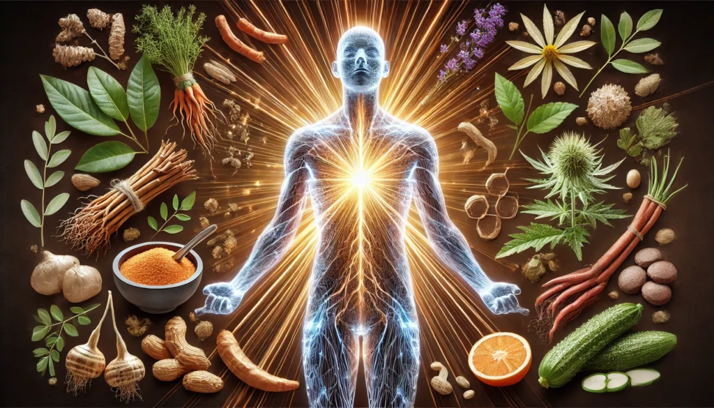 Herbal Power for Strength: The Best Herbs for Muscle Growth and Natural Ways to Build Mass 2 A fit man practicing tai chi in a forest clearing, surrounded by symbolic herbal elements and sunlight, representing energy and resilience through nature.