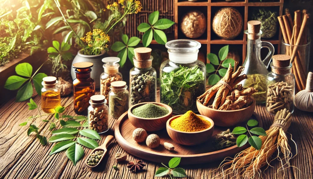 Herbal Power for Strength: The Best Herbs for Muscle Growth and Natural Ways to Build Mass 3 A rustic apothecary-style setup with dried ginseng, tonic blends, and strength-supporting herbs in glass jars and bowls, evoking balance and herbal-powered vitality.