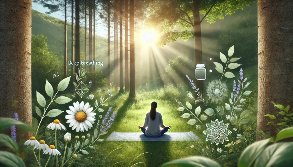 How to Reduce Anxiety Quickly with Herbal Remedies: Natural Techniques to Calm the Mind and Body Fast 3 Person practicing deep breathing in a tranquil forest surrounded by herbal plants like chamomile and lavender, with soft sunlight filtering through trees—symbolizing natural anxiety relief.
