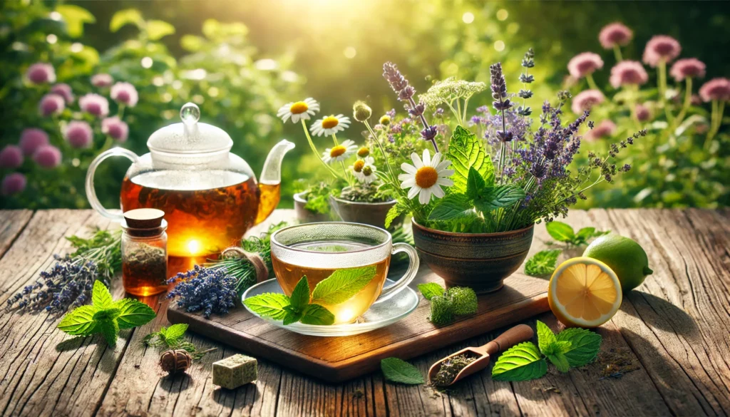 How to Reduce Anxiety Quickly with Herbal Remedies: Natural Techniques to Calm the Mind and Body Fast 2 Outdoor wooden table with a steaming cup of herbal tea, fresh herbs like lemon balm and mint, and sunlit greenery—evoking a calming herbal remedy setting.