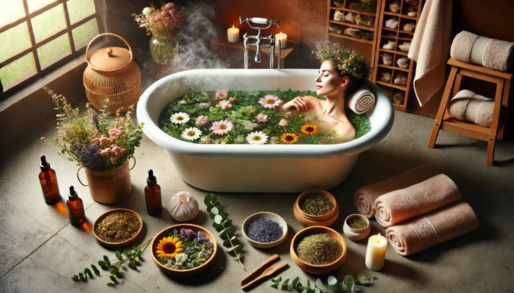 How to Reduce Anxiety Quickly with Herbal Remedies: Natural Techniques to Calm the Mind and Body Fast 1 Woman relaxing in a warm herbal bath with eucalyptus and floating flowers, surrounded by bowls of natural anxiety-relief herbs like valerian and passionflower.
