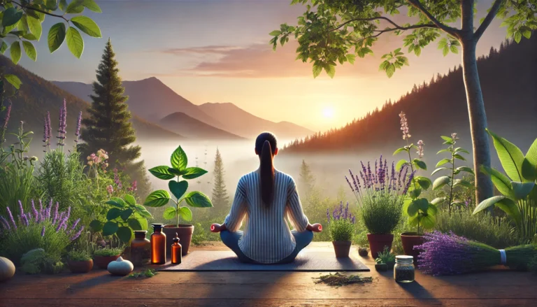 Person meditating at sunrise in a serene landscape, surrounded by lavender, holy basil, and rosemary, with misty mountains in the background—illustrating herbal-supported mindfulness.