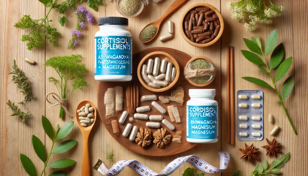 The Truth About Cortisol Supplements for Weight Loss: Reviews, Benefits, and Natural Control Strategies 3 Ashwagandha capsules, magnesium, rhodiola, and phosphatidylserine arranged with herbs and a measuring tape on wood, symbolizing natural stress support for metabolism and weight loss.