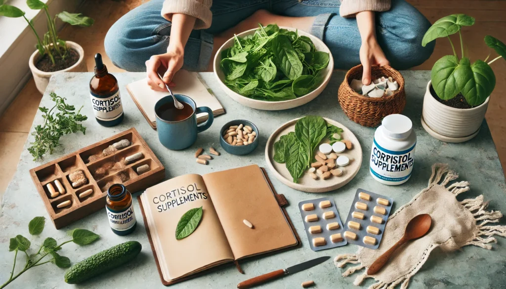 The Truth About Cortisol Supplements for Weight Loss: Reviews, Benefits, and Natural Control Strategies 2 A peaceful kitchen scene with a person preparing natural cortisol-balancing supplements alongside herbal tea and leafy greens, representing hormone support for weight management.