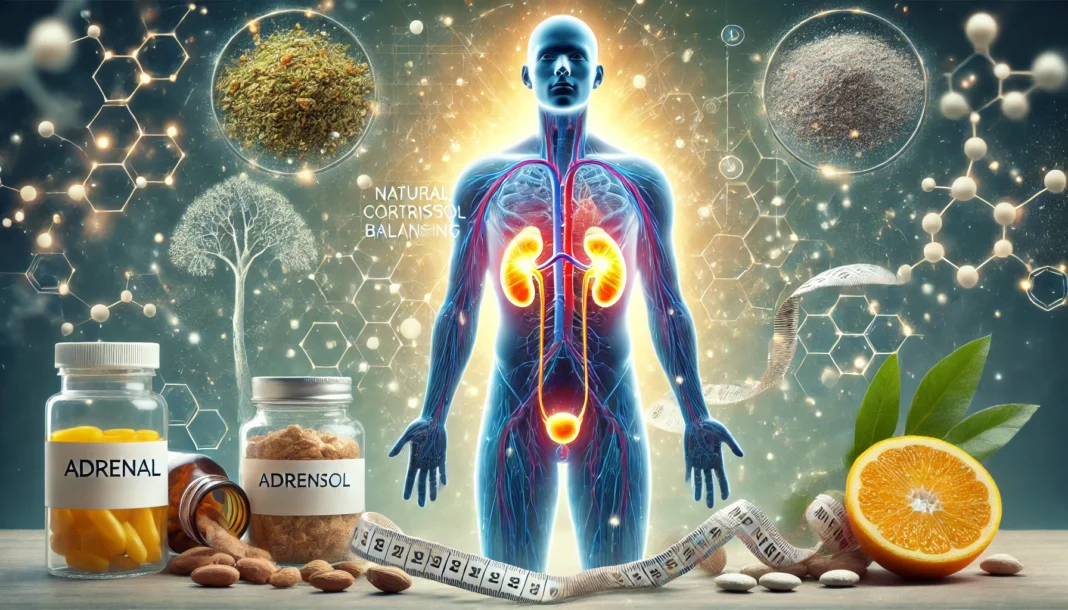 A glowing human silhouette with adrenal glands highlighted and surrounded by cortisol-balancing herbs and subtle weight symbols, illustrating the link between stress regulation and fat metabolism.