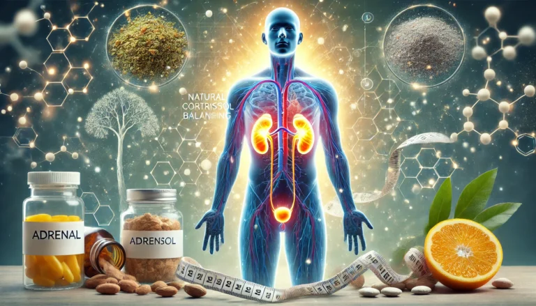 A glowing human silhouette with adrenal glands highlighted and surrounded by cortisol-balancing herbs and subtle weight symbols, illustrating the link between stress regulation and fat metabolism.