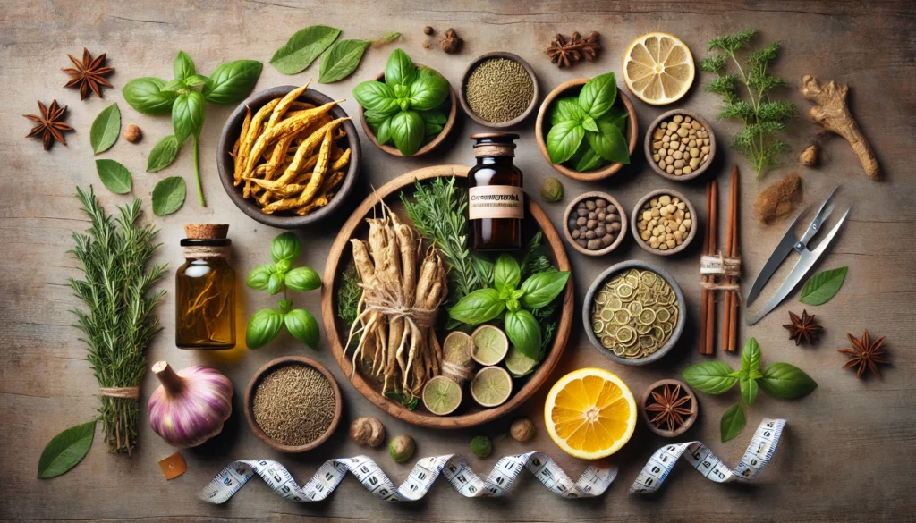 The Truth About Cortisol Supplements for Weight Loss: Reviews, Benefits, and Natural Control Strategies 1 A rustic wooden surface with bowls of holy basil, lemon balm, rhodiola, and ashwagandha, alongside sliced citrus and a measuring tape, representing cortisol reduction and natural weight loss synergy.