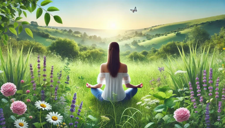 Woman meditating in a tranquil meadow surrounded by calming herbs like chamomile and lavender, under a clear sky and soft sunlight, symbolizing natural anxiety relief.
