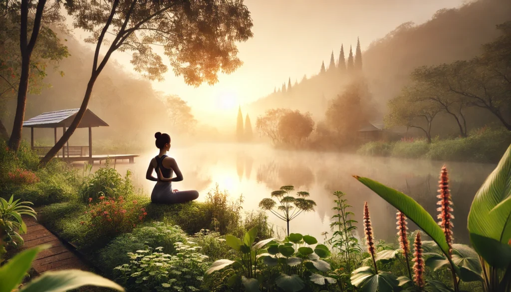 Woman practicing yoga at sunrise near a misty lake, surrounded by herbal plants like holy basil and ginkgo, creating a peaceful and natural setting for mental wellness.