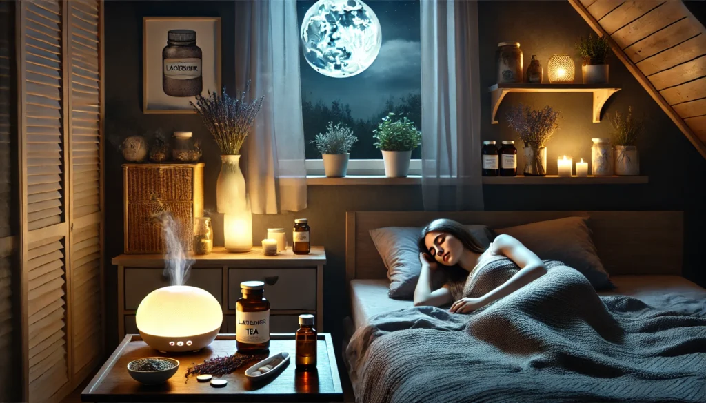 Cozy nighttime bedroom with a person peacefully sleeping, lavender diffuser mist, herbal tea on a nightstand, and calming natural supplements nearby, promoting restful sleep and anxiety reduction.
