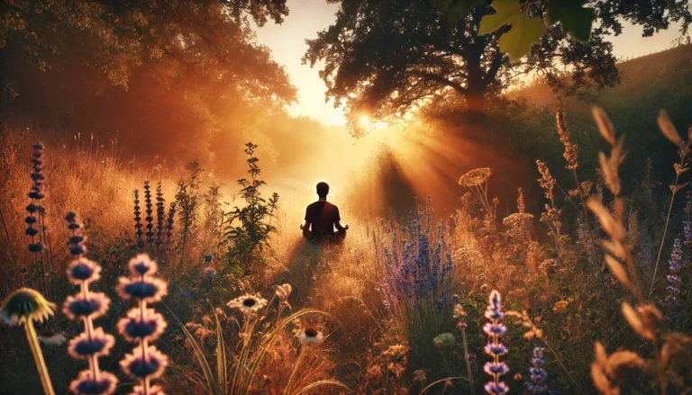 Person meditating in a forest meadow surrounded by blooming lavender and chamomile during golden hour, evoking natural stress relief and tranquility.